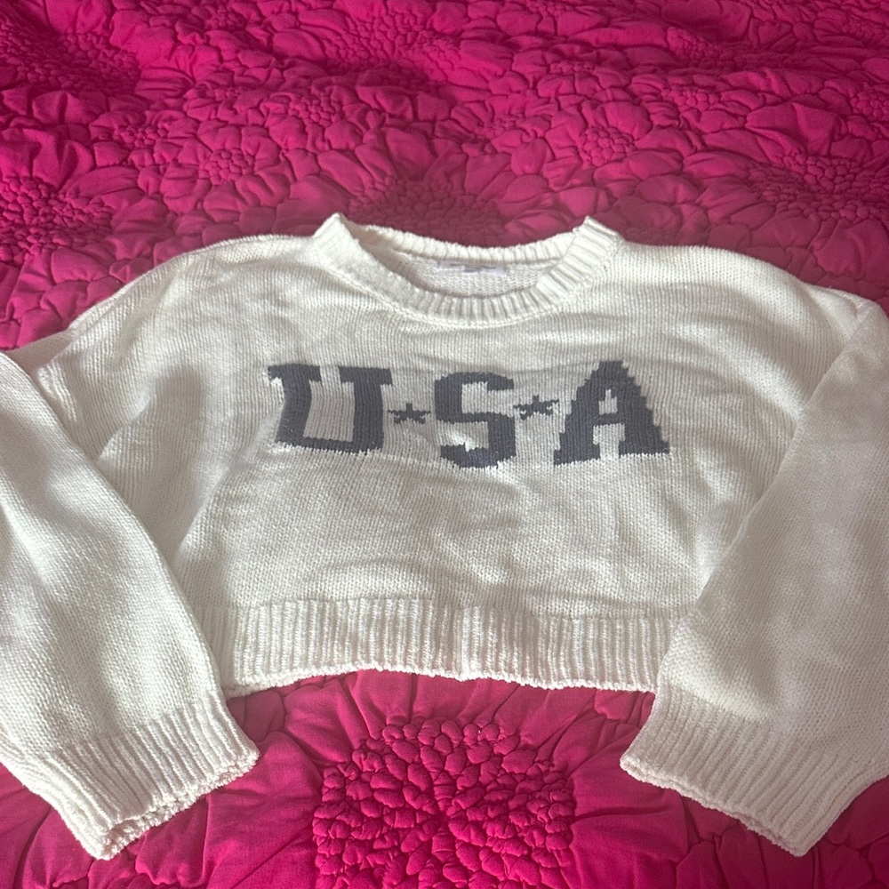 USA Cropped Sweater in White and Blue